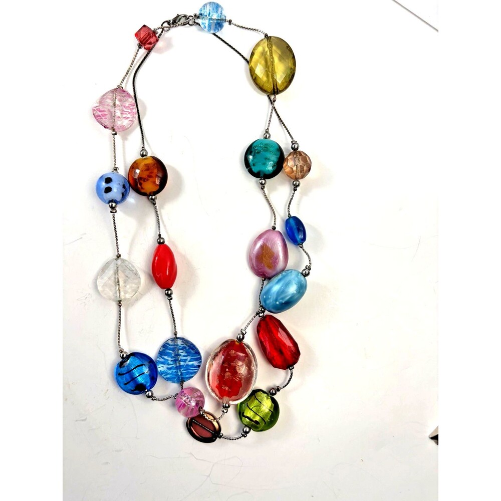 Vintage Mixed Glass Acrylic Bead Station Necklace Colorful Artisan Boho 38โ